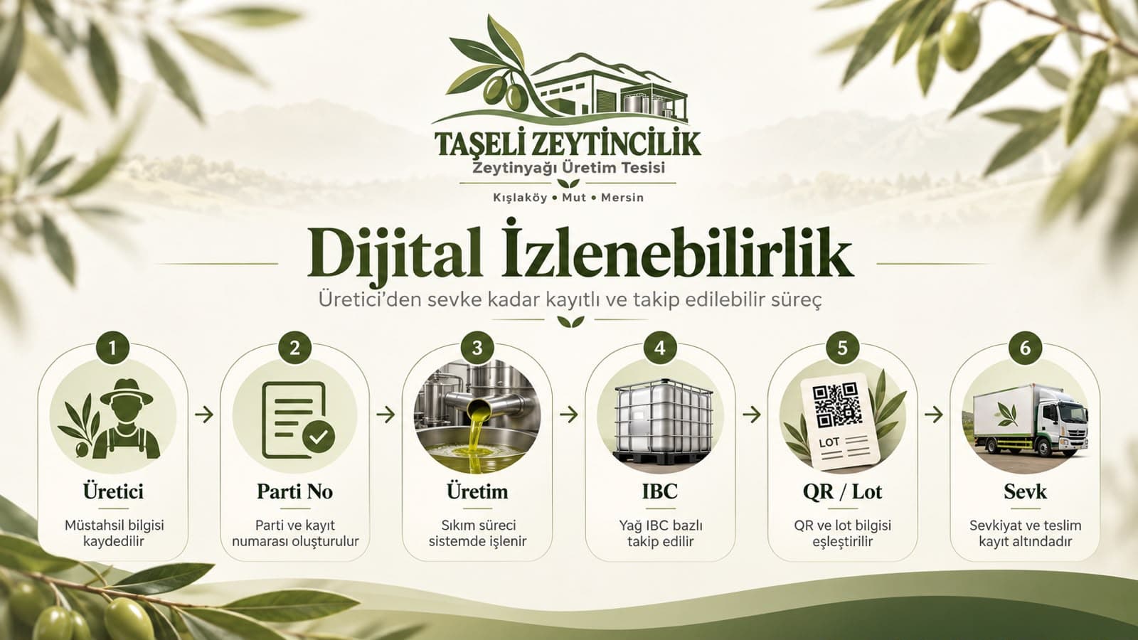 Taşeli dijital izlenebilirlik süreci: Üretici, Parti No, Üretim, IBC, QR / Lot, Sevk